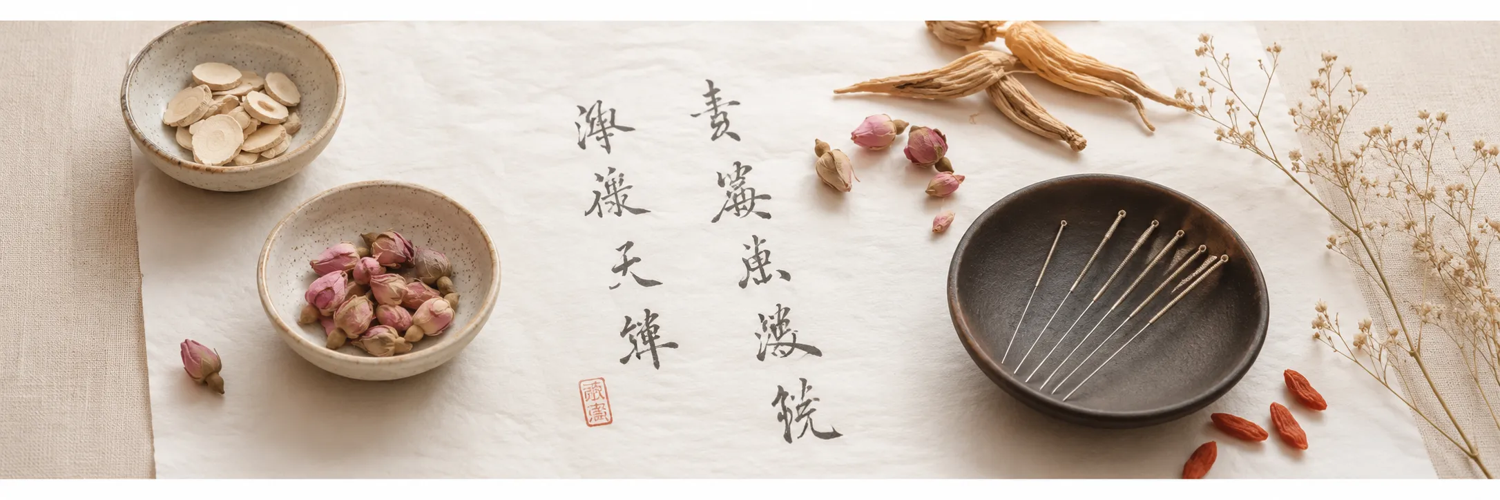 Acupuncture needles resting in a dark ceramic bowl beside dried herbs, rose buds, and ginseng root on calligraphy paper